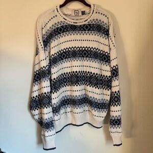 Vintage Sears Roebuck Mens Knit Grandpa Sweater XL USA Cream Ivory Blue Cotton